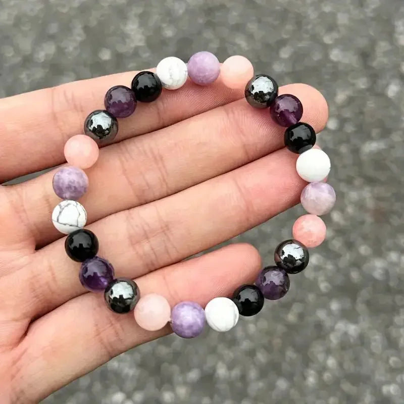 Bracelet anti-stress: Améthyste, Tourmaline noire,Quartz rose et blanc, Lepidolite 8mm.    ///    Stress Relief Bracelet: Amethyst, Black Tourmaline, Clear Quartz, Hematite, Lepidolite, Rose Quartz and White 8mm