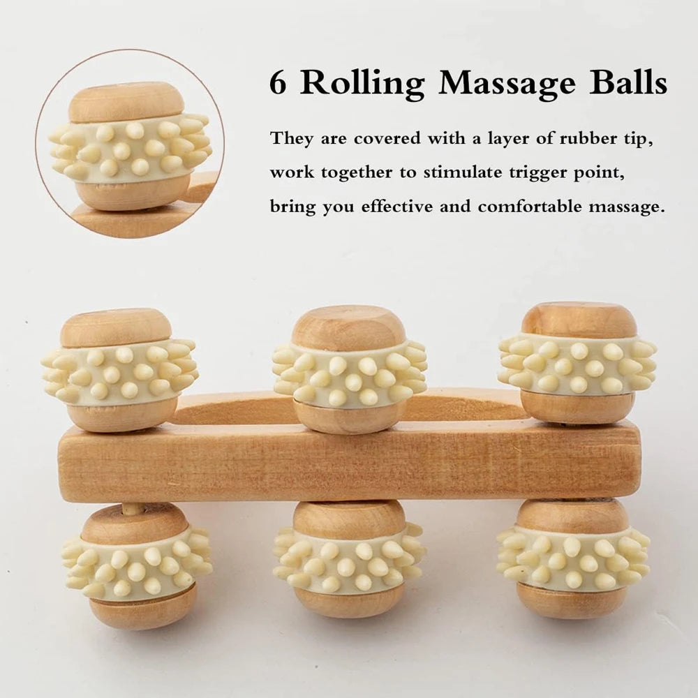 Rouleau de massage (6 boules) manuel en bois.  ///   Manual wooden rolling massager ( 6 balls)