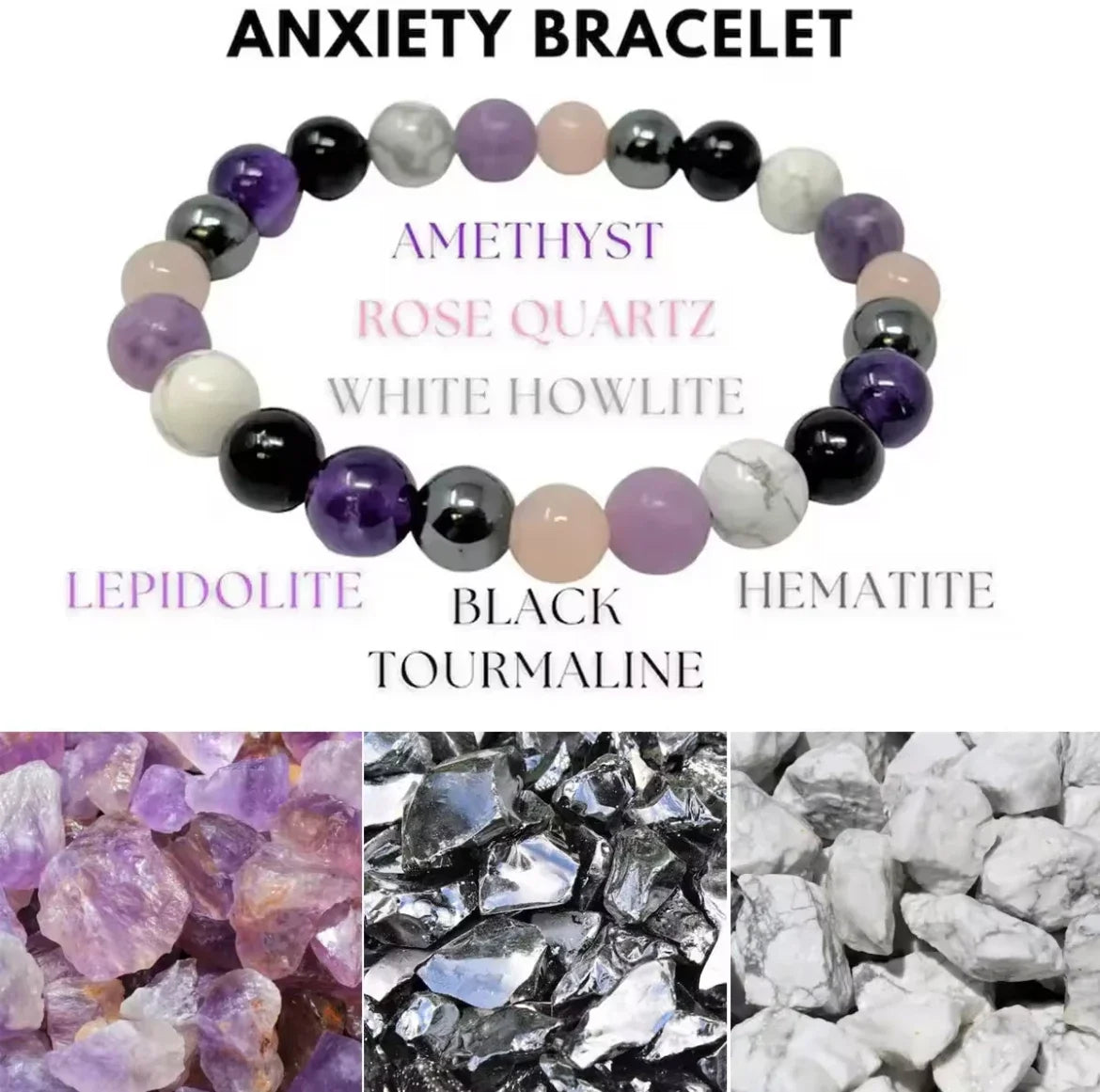 Bracelet anti-stress: Améthyste, Tourmaline noire,Quartz rose et blanc, Lepidolite 8mm.    ///    Stress Relief Bracelet: Amethyst, Black Tourmaline, Clear Quartz, Hematite, Lepidolite, Rose Quartz and White 8mm
