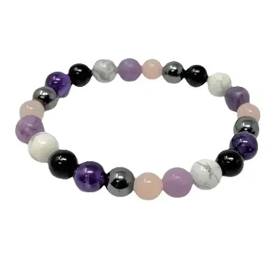 Bracelet anti-stress: Améthyste, Tourmaline noire,Quartz rose et blanc, Lepidolite 8mm.    ///    Stress Relief Bracelet: Amethyst, Black Tourmaline, Clear Quartz, Hematite, Lepidolite, Rose Quartz and White 8mm