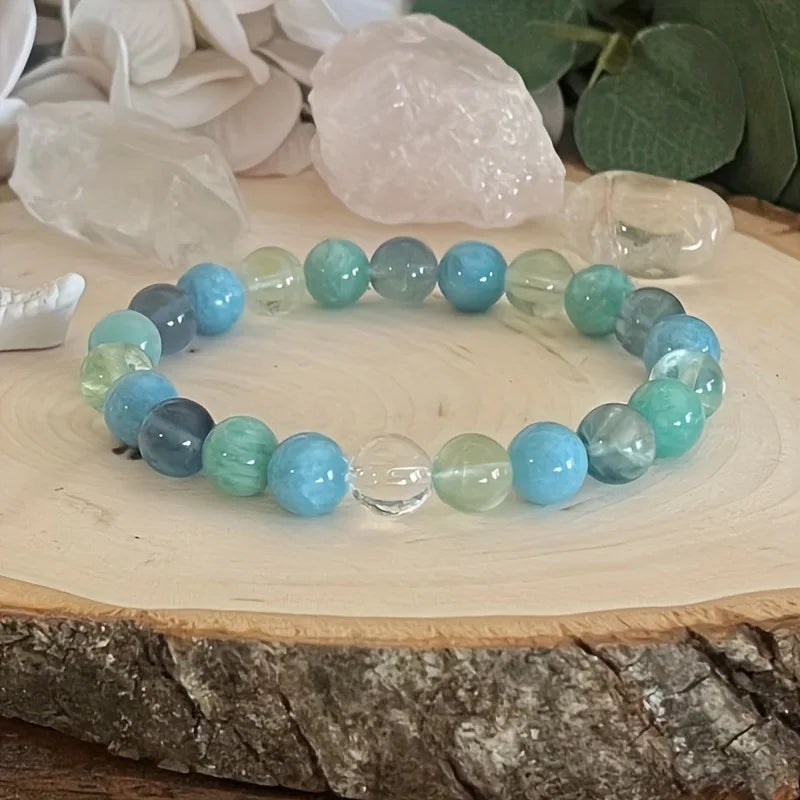 Bracelet anti-stress en pierres(aquamarine-amazonite-interieur fluorite) 8mm.   ///   Anti-stress bracelet in stones 8mm