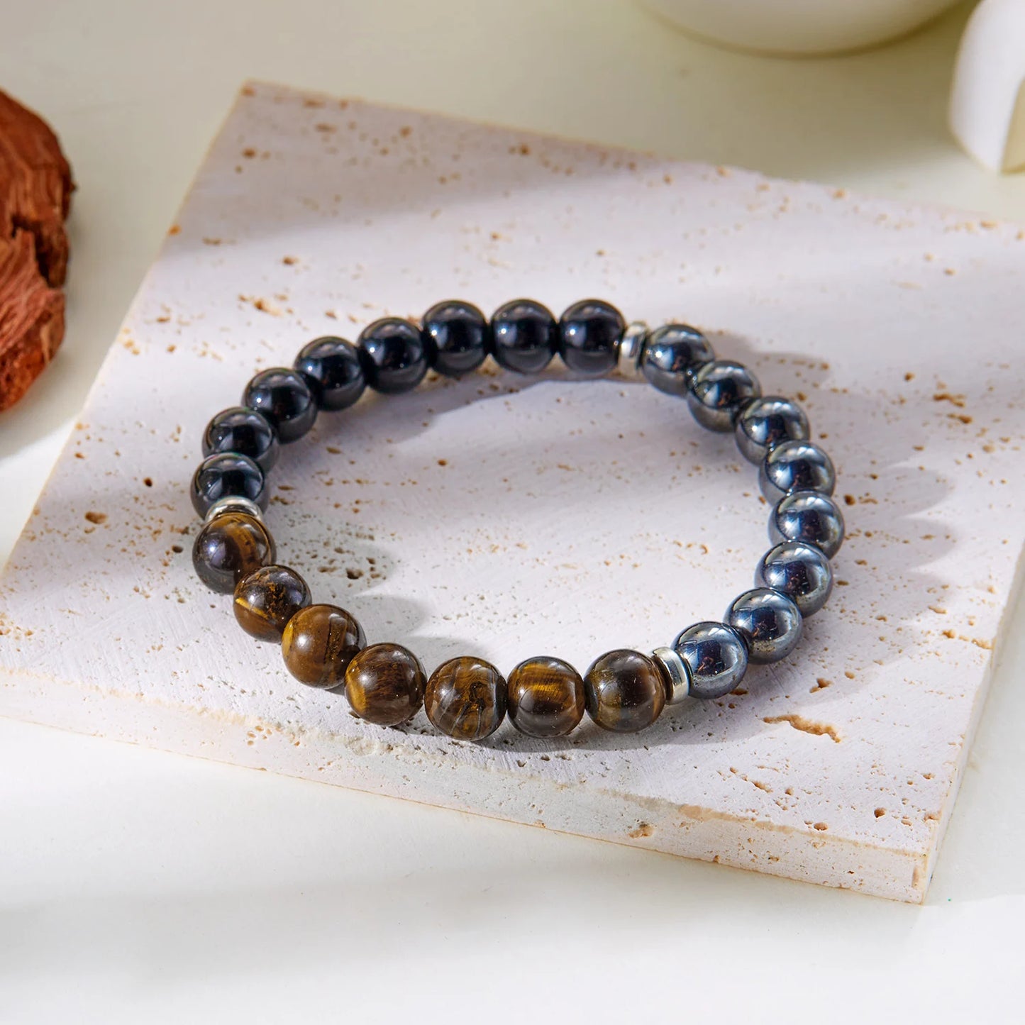 Bracelet fantaisie anti-stress en pierres naturelles classiques et métal ///   Classic Natural Stone and métal Fantasy Bracelet