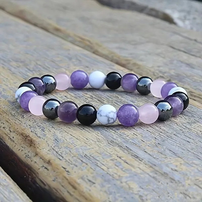 Bracelet anti-stress: Améthyste, Tourmaline noire,Quartz rose et blanc, Lepidolite 8mm.    ///    Stress Relief Bracelet: Amethyst, Black Tourmaline, Clear Quartz, Hematite, Lepidolite, Rose Quartz and White 8mm
