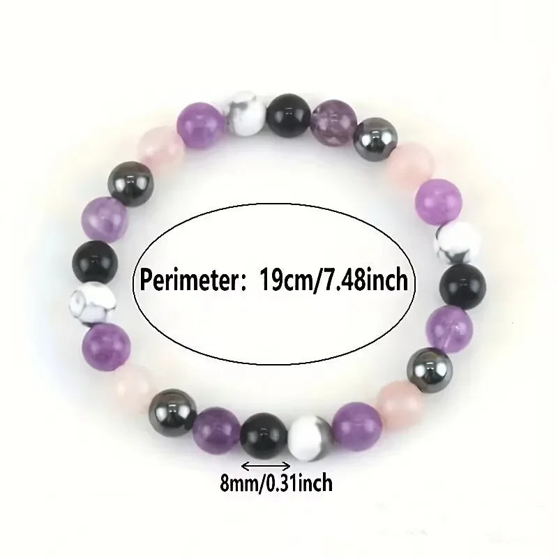 Bracelet anti-stress: Améthyste, Tourmaline noire,Quartz rose et blanc, Lepidolite 8mm.    ///    Stress Relief Bracelet: Amethyst, Black Tourmaline, Clear Quartz, Hematite, Lepidolite, Rose Quartz and White 8mm